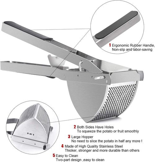 LHS Stainless Steel Potato Ricer & Masher - Heavy Duty, Ergonomic Grip, Extra Large Capacity, Dishwasher Safe - Black