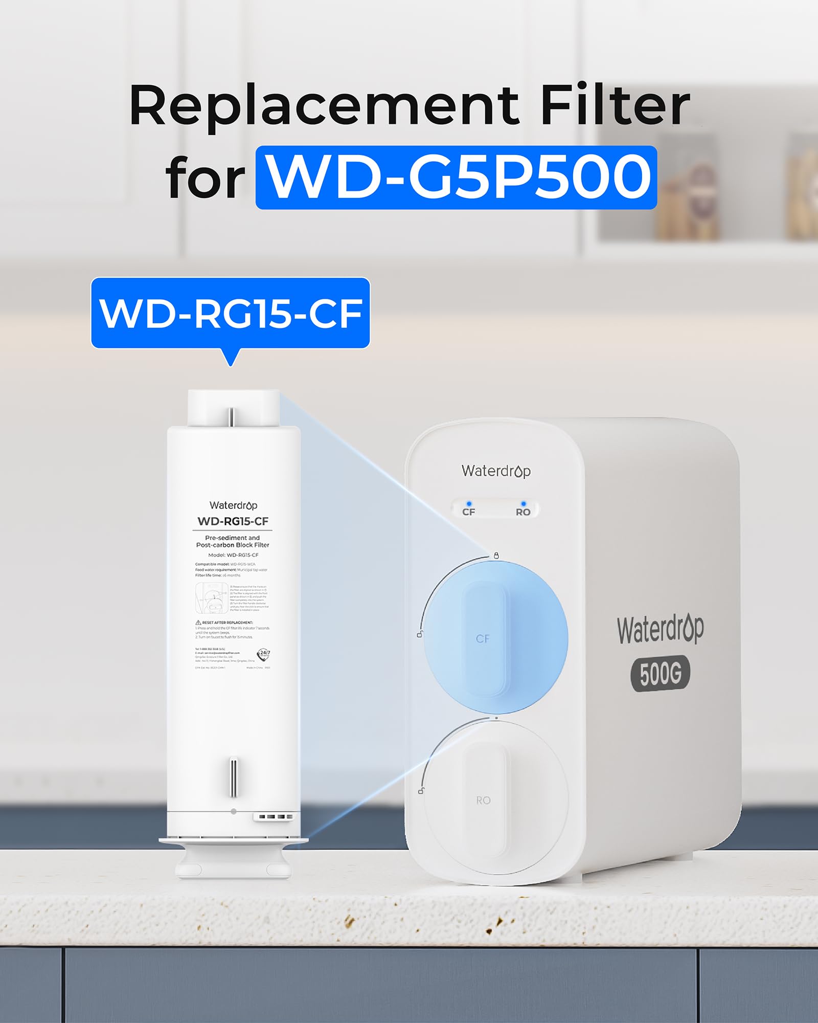 Waterdrop G5P500-CF Filter, Replacement for Waterdrop G5P500 Undersink Reverse Osmosis System, 6-month Lifetime