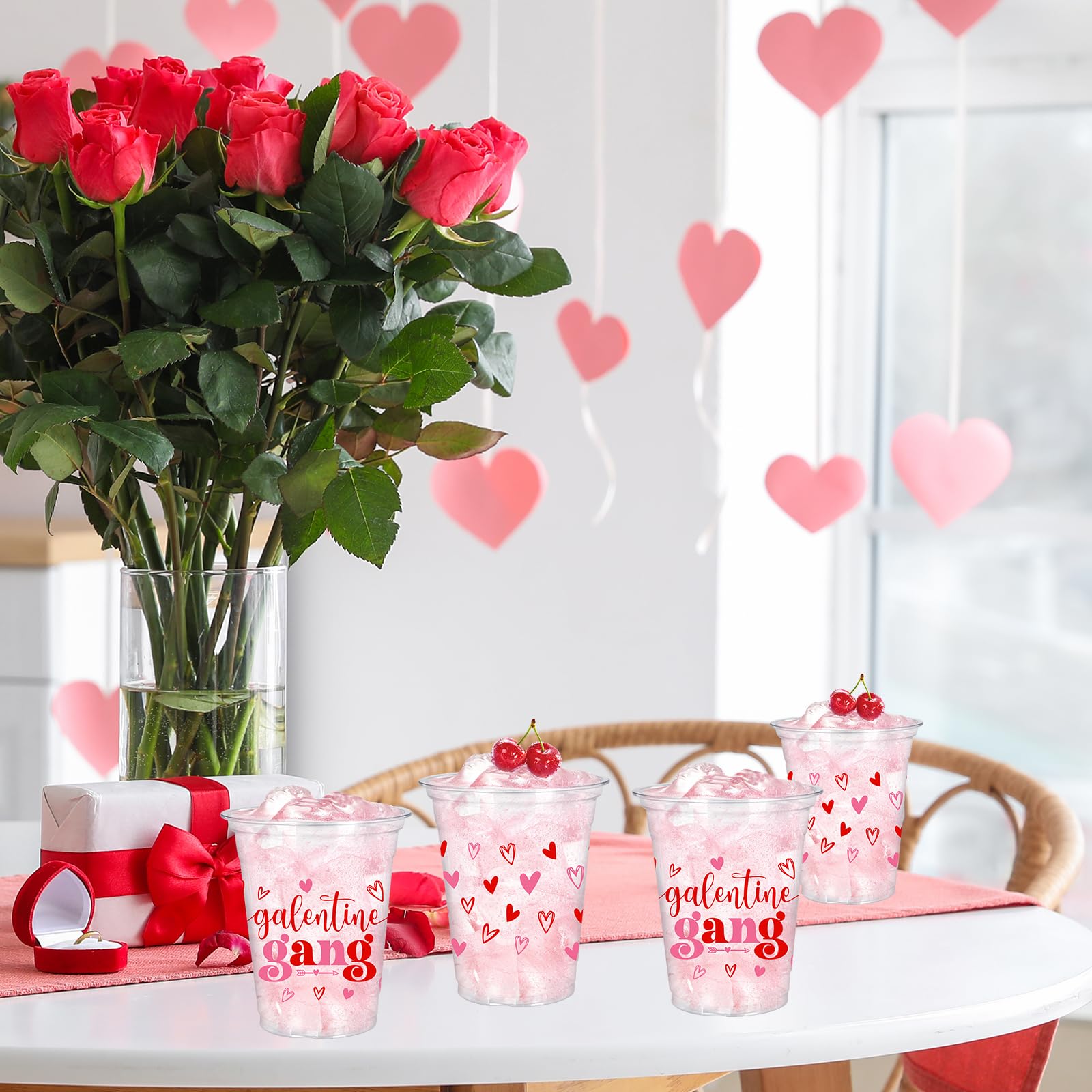 Whaline 50 Pcs 12 Oz Galentines Day Disposable Cup Plastic Party Cup Galentines Gang Heart Clear Glasses for Girls Ladies Valentine's Day Party Coffee Juice Drink Supplies Decorations