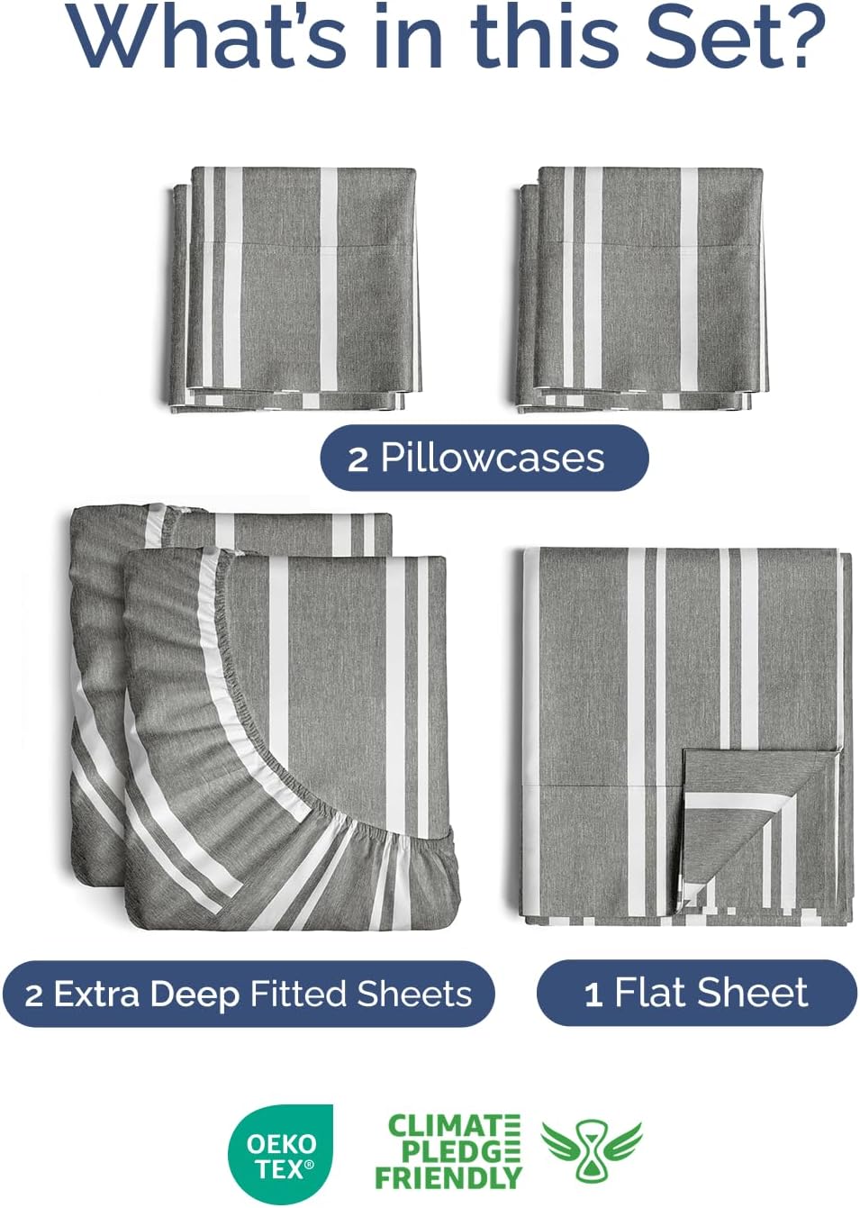 Skiennix Extra Deep Split King Sheet Set - 7 Piece Breathable Cooling Bedding - Soft Wrinkle-Free Grey Stripes