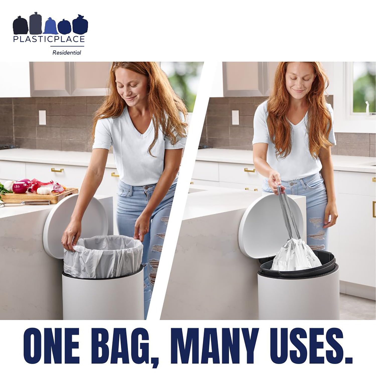 Plasticplace Custom Fit Trash Bags, Compatible with Simplehuman Code K, White Drawstring Garbage Bags Liners, 10 Gallon / 38 Liters, 24" x 28" (200 Count) Heavy Duty Trashbags Home Essentials Large