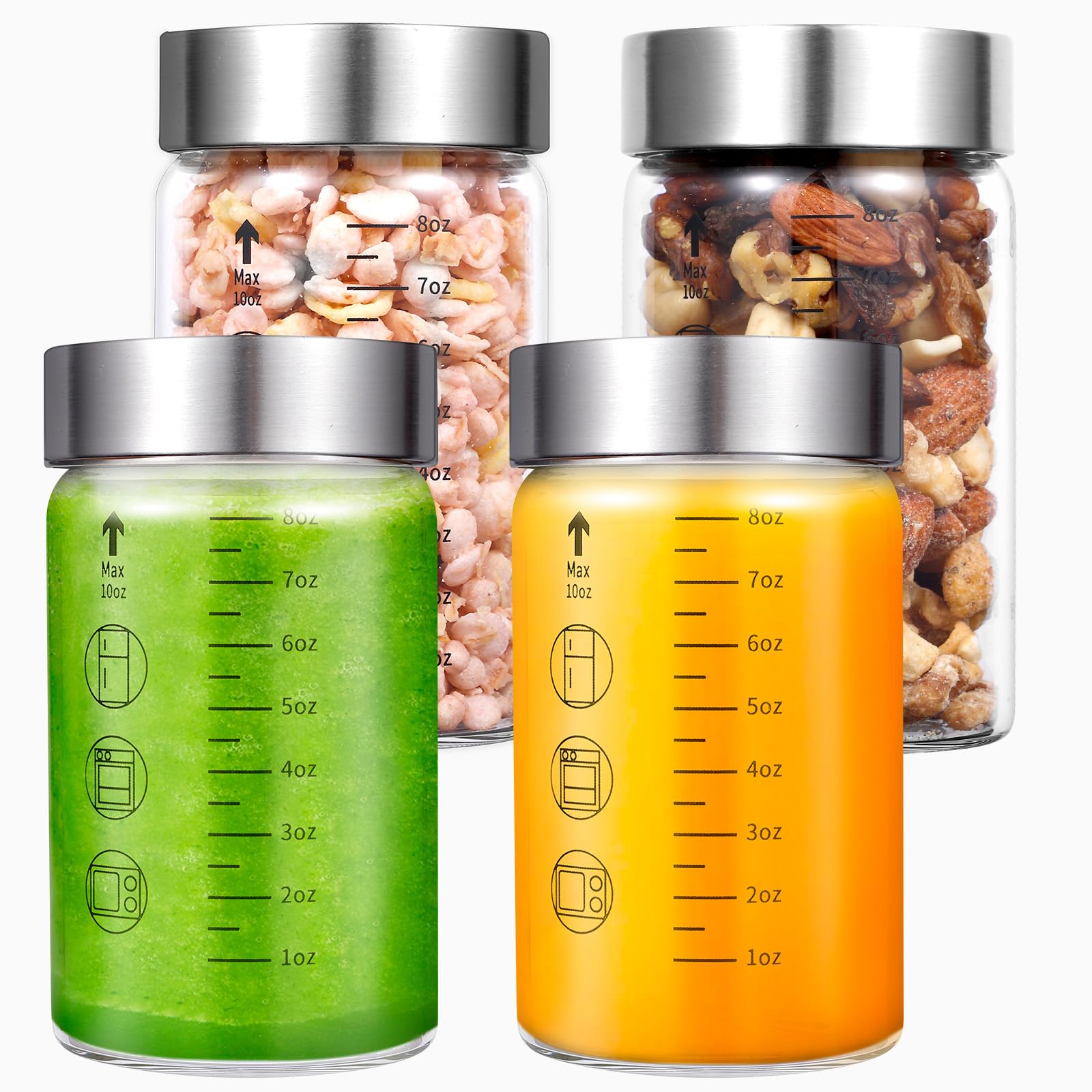 WXCWYQR Glass Juice Bottles with Lids, 10 Oz Wide Mouth Glass Water Bottles, for Juicing, Protein, Smoothie, Milk, BPA Free, Stainless Steel Lids, Shaker Bottles (10 Oz / 4 Pack)