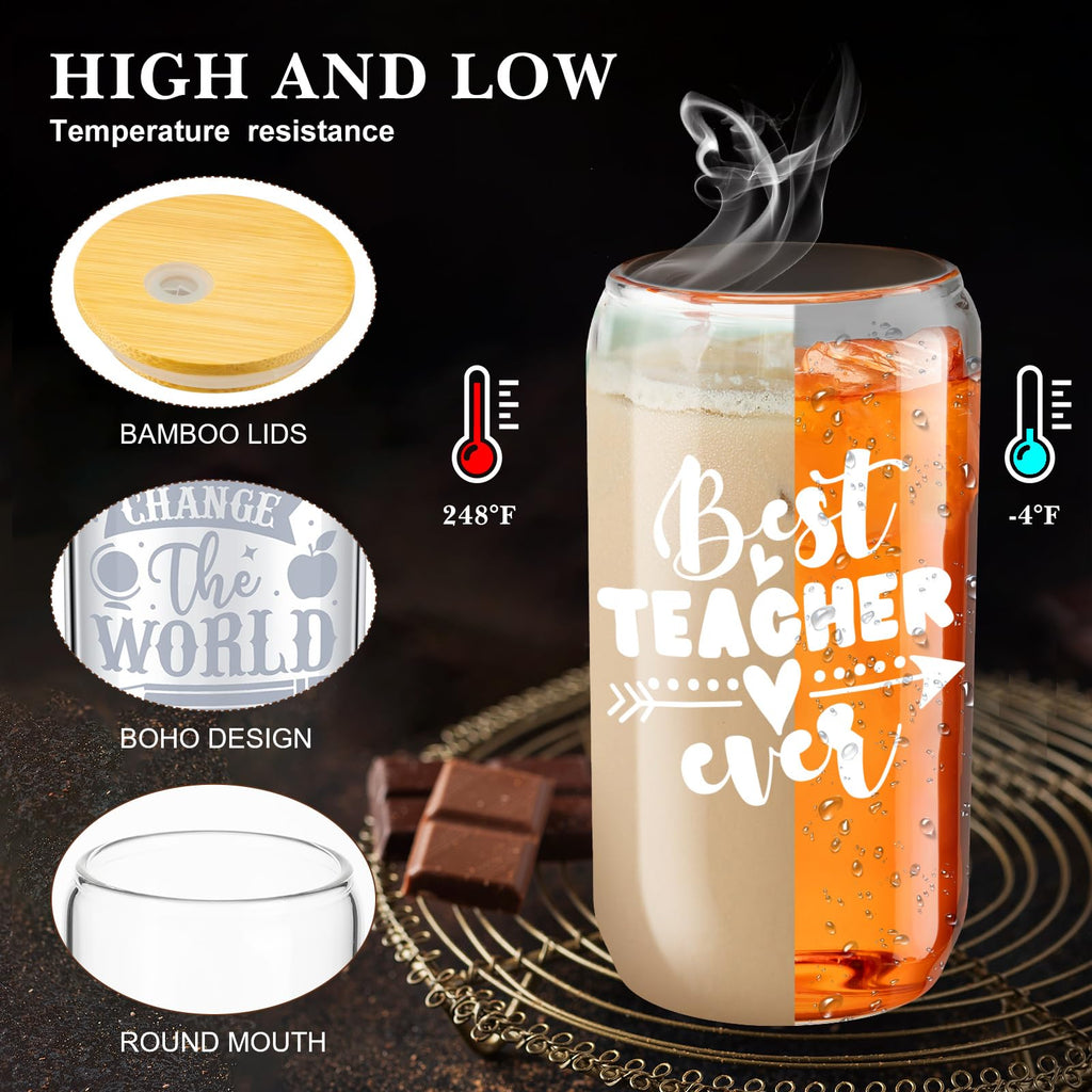 Pickmesh 16 Sets Teacher Week Employee Gifts for Teacher Appreciation Graduation Gifts Bulk Week Cups Thank You Cup 16 oz Glass Cups with Lid Straw and Gift Boxes(Classic)