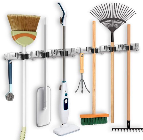 IMILLET Broom and Mop Holder - Wall Mounted Stainless Steel Organizer | Heavy Duty Self-Adhesive Hooks for Home
