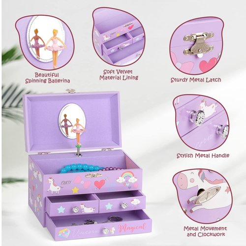 efubaby Musical Jewelry Box for Girls 3 Layer Music Box with Drawers Spinning Ballerina Unicorn Design Included Unicorn Jewelry Set Kids Birthday Christmas Gifts for Girls, Purple