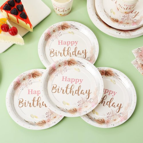 Gudvilla Boho Birthday Decorations for Women, Neutral Birthday Plates and Napkins Party Supplies 168Pcs, Happy Birthday Plates and Napkins Set for Boho Floral Champagne Cream Beige Party, Serve 24
