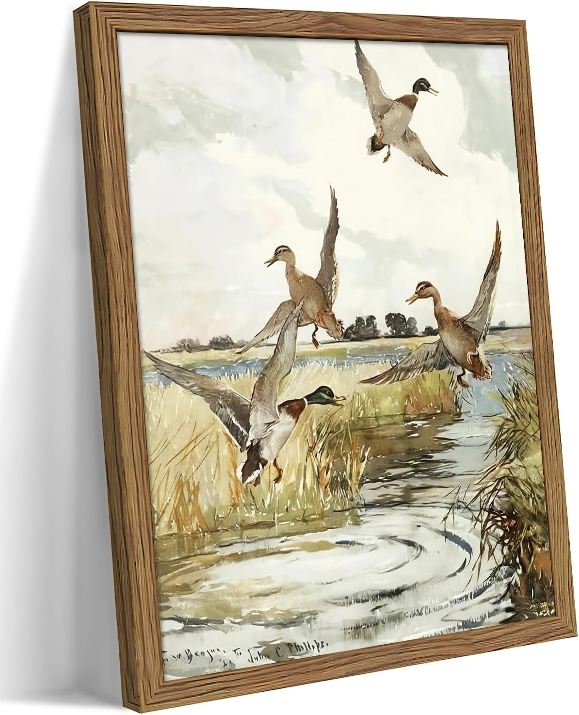 Wood Framed Vintage Duck Wall Art - Retro Mallard Duck Wildlife Decor | 8x10 Inch Rustic Hunting Print