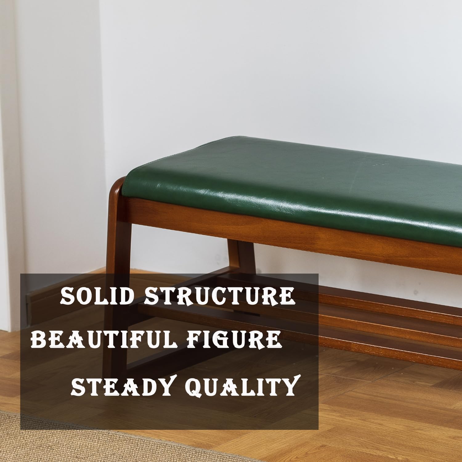 latifolia Solid Wood Bench, Entryway Shoe Bench with Cushion, 2 Tier Shoe Storage Organizer for Hallway, Living Room(Green,21.65''L)