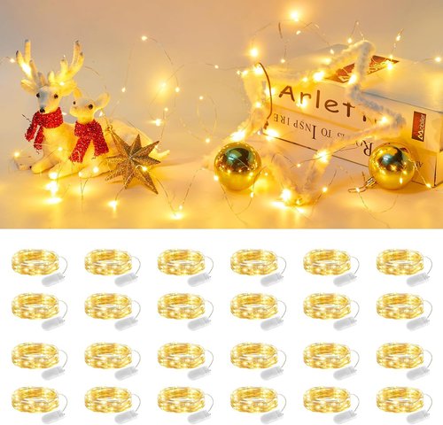 Brightown 24 Pack Fairy Lights | Battery Operated 7 ft Mini String Lights - Waterproof Silver Wire for DIY Crafts & Decor