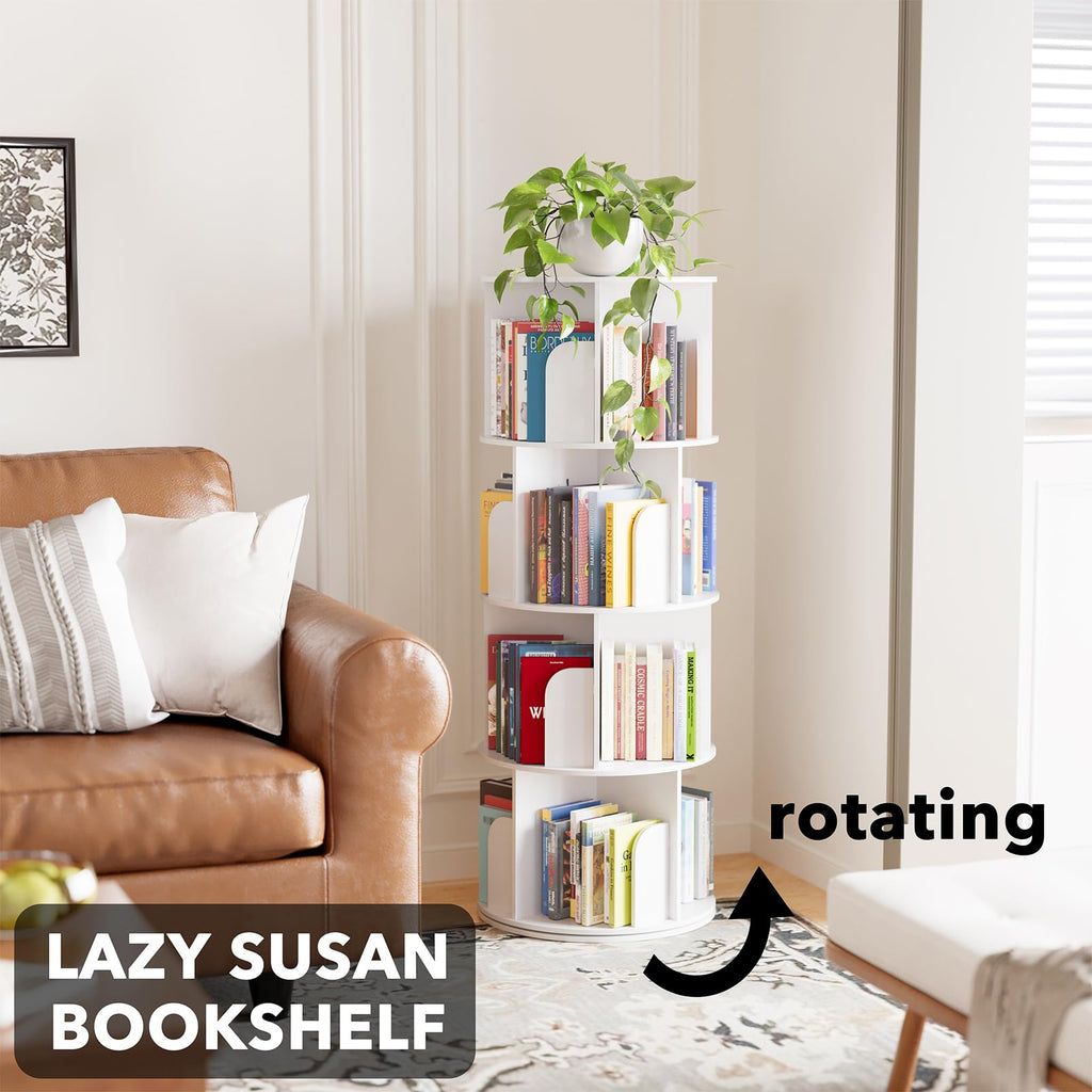 SpaceAid Cross Style 4 Tier Rotating Bookshelf, Spinning 360 Bookcase Lazy Susan Tower, Vertical Revolving Books Shelf Storage Round Carousel Space Saving Organizer, White