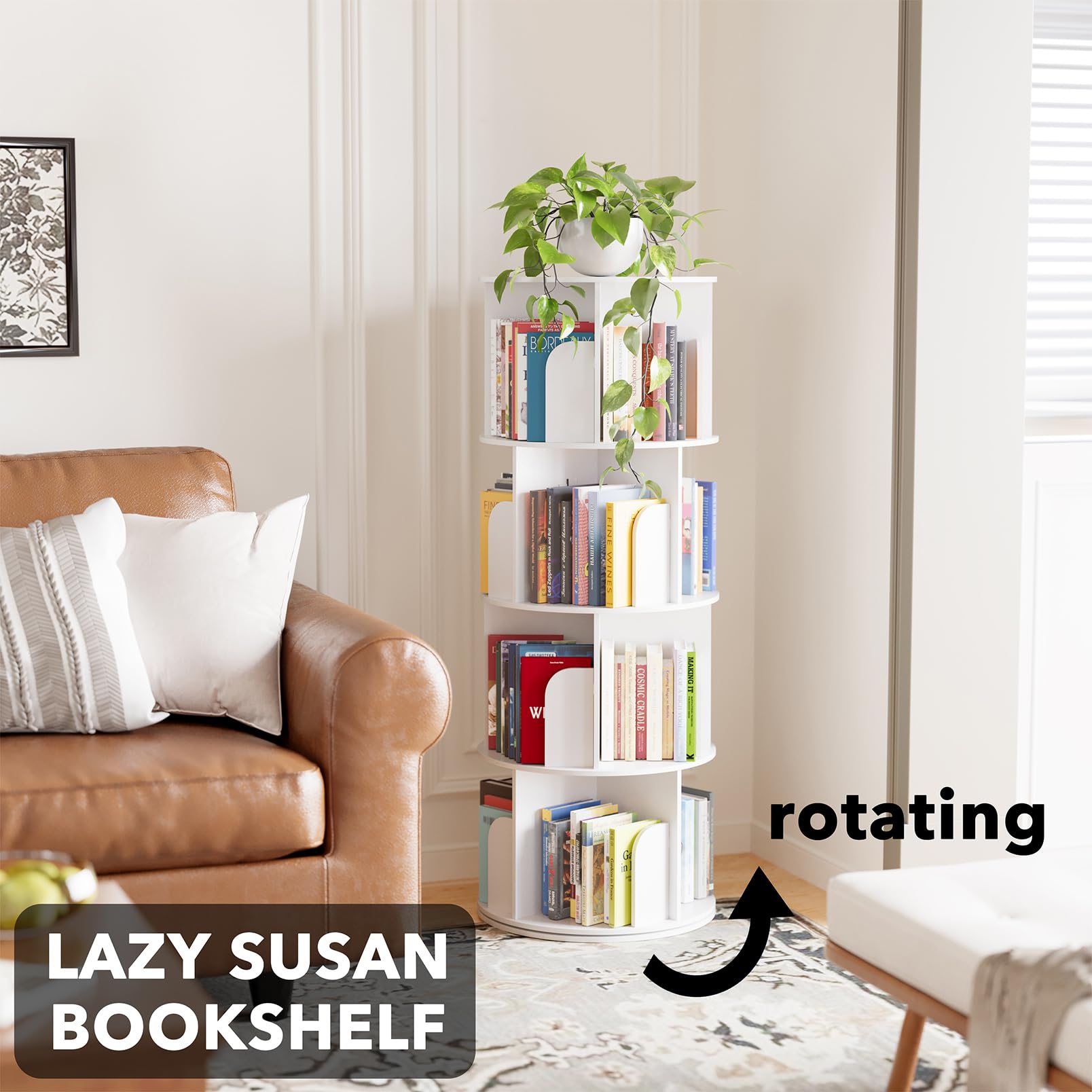 SpaceAid Cross Style 4 Tier Rotating Bookshelf, Spinning 360 Bookcase Lazy Susan Tower, Vertical Revolving Books Shelf Storage Round Carousel Space Saving Organizer, White