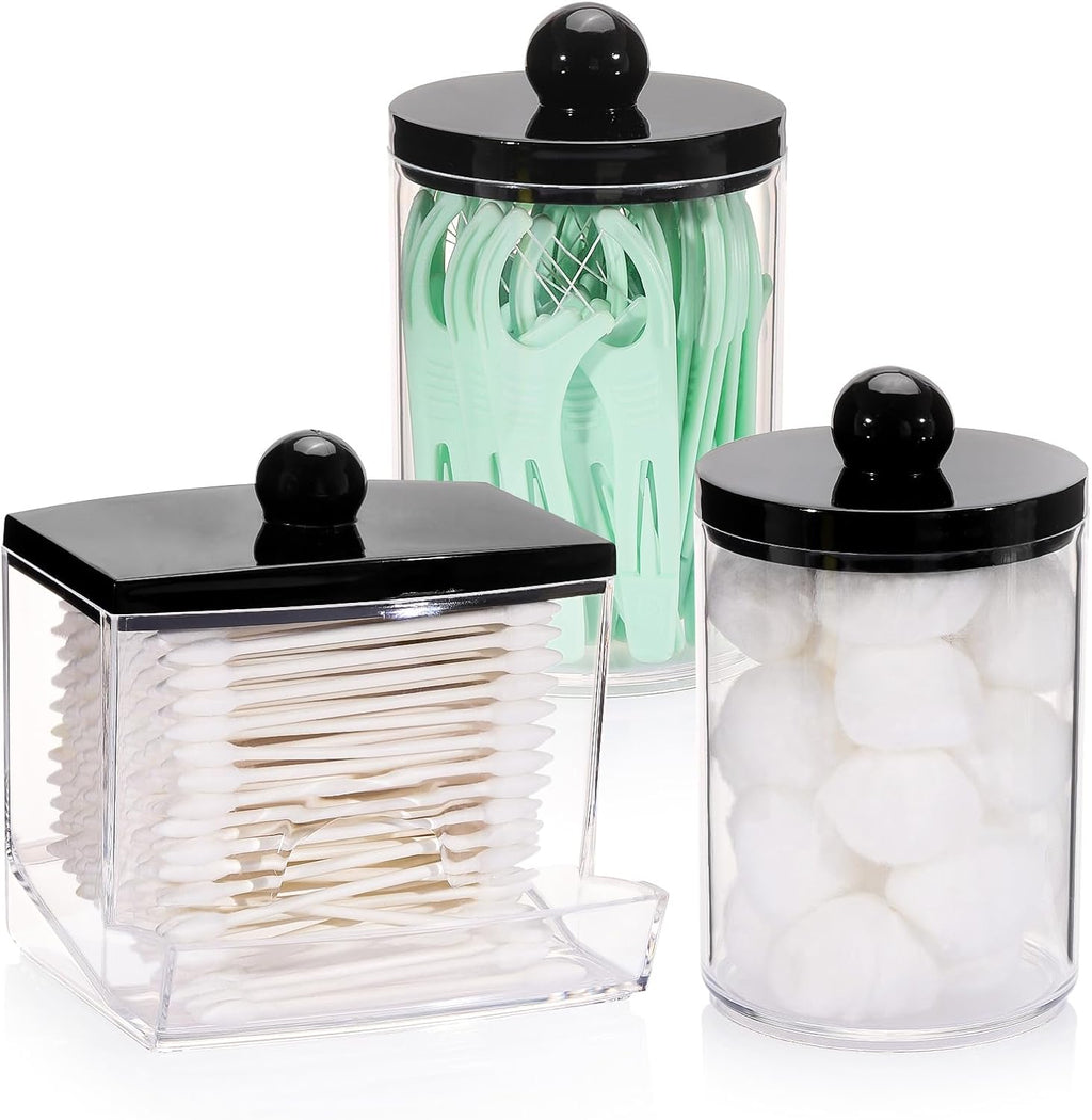 Tbestmax Cotton Ball Holder - 10oz Apothecary Jar Organizer for Bathroom | Black Lid Storage for Q-Tips & Pads
