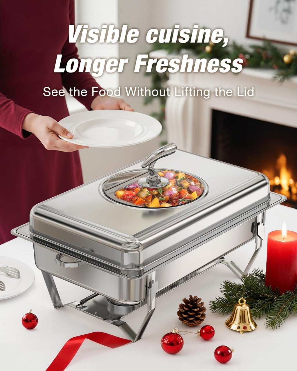WARMOUNTS Rectangular Chafing Dishes for Buffet with Glass Lid (9QT, 2 Pack), Large Chafers and Buffet Warmers Set w/Mirror-Polished Stainless Steel, Rolled Rim, Lid Holder, Foldable Frame for Party