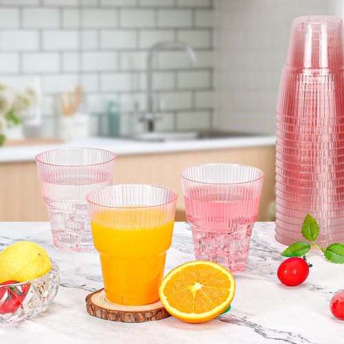 XUWAIDSGN 25 Pack Pink Plastic Ribbed Wine Glasses 14 oz Disposable Cocktail Martini Juice Coffee Drinking Tumblers Plastic Stackable Ripple Wedding Party Cups for Charcuterie Parties and Events