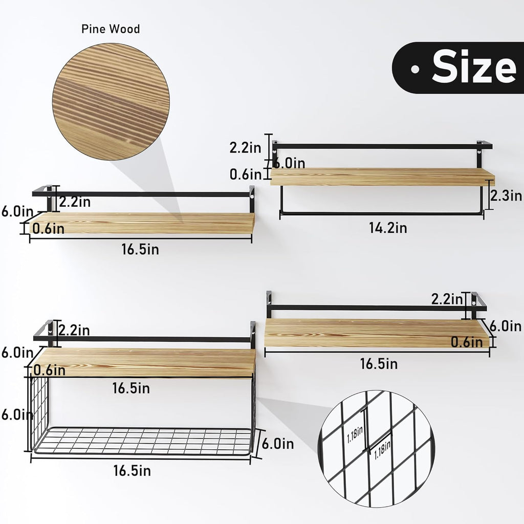 Wood Floating Shelves - Rustic Wall-Mounted 4-Tier Bathroom Shelves with Wire Basket & Towel Bar