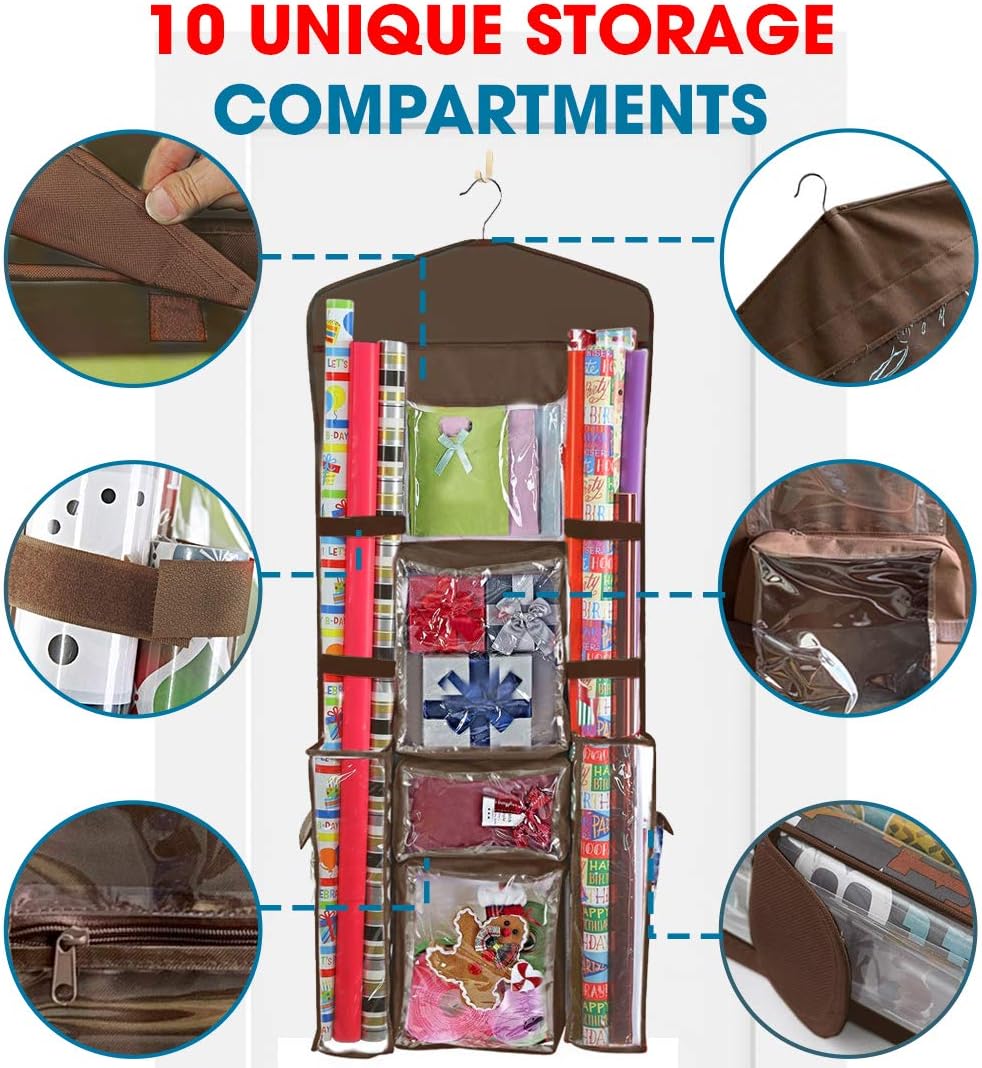 ProPik Hanging Double-Sided Wrapping Paper Organizer - Store Gift Wrap, Bags & Ribbons | 40" x 17" Clear PVC Bag (Brown)