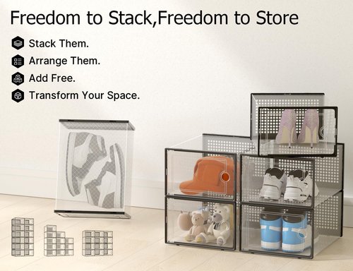 Kuject Shoe Storage Boxes - Clear Plastic Stackable Organizers | 12 Pack for Sneakers & Toys, Black