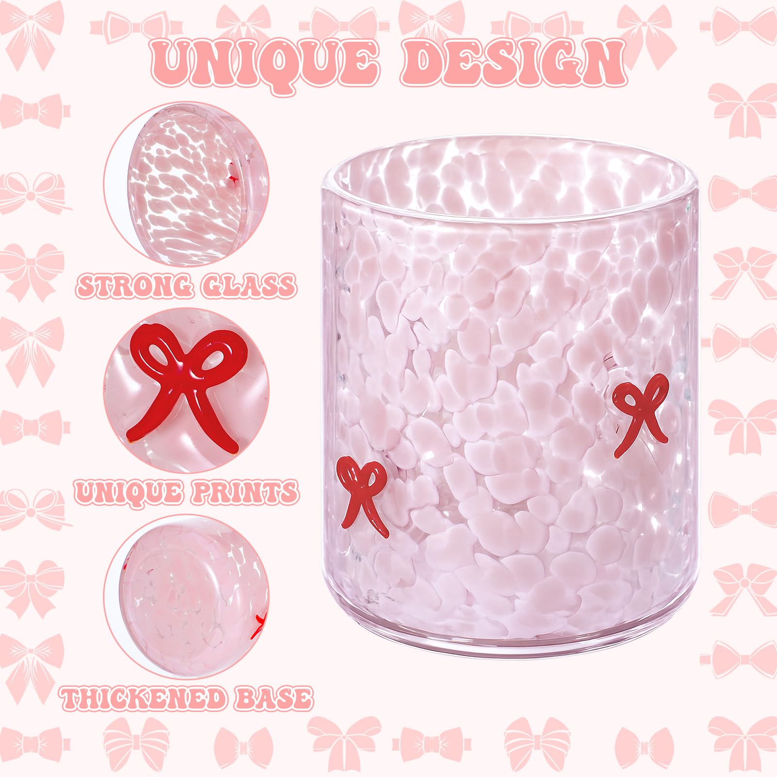 Ovveroche 2 Pcs Pink Bow Icon Juice Glass 14 oz Bow Reusable Stemless Icon Drinking Glasses Cups for Birthday Wedding Party Supplies Gift