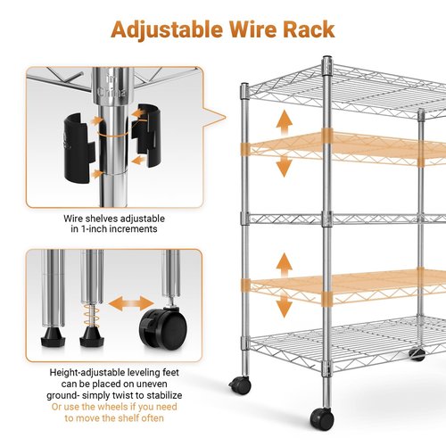 Simple Deluxe Heavy Duty 3-Shelf Shelving with Wheels, Adjustable Storage Units, Steel Organizer Wire Rack, 24.02”L x 13.78“W x 31.89”H, Chrome, HKSHLF23133003CPC