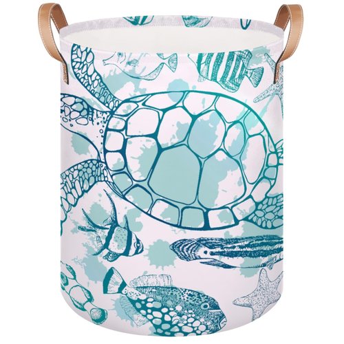 Large Laundry Hamper Basket Ocean Theme Round Freestanding Clothes Basket, Sea Turtle Collapsible Storage Organizer Bin with Leather Handles for Dirty Clothes Toys, Nursery Home Storage 16"W x 20"H
