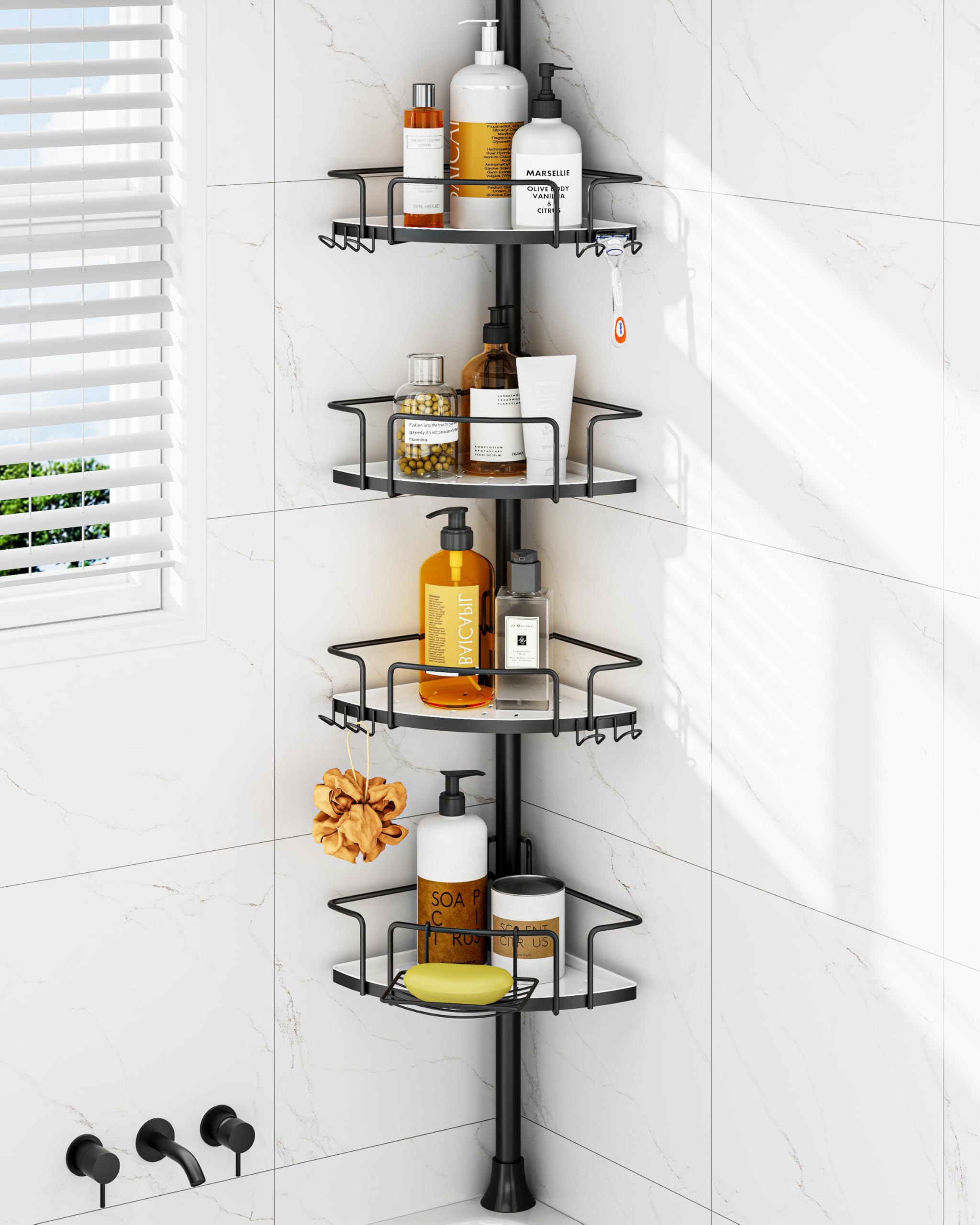 ALLZONE Corner Shower Caddy Tension Pole, 4 Hang-On Basket with Mixed-Height Shelves for Various Bottle Sizes, Extra Hooks & Soap Holder, Rustproof Stainless Steel, Fits 34–116 Inch, Silver