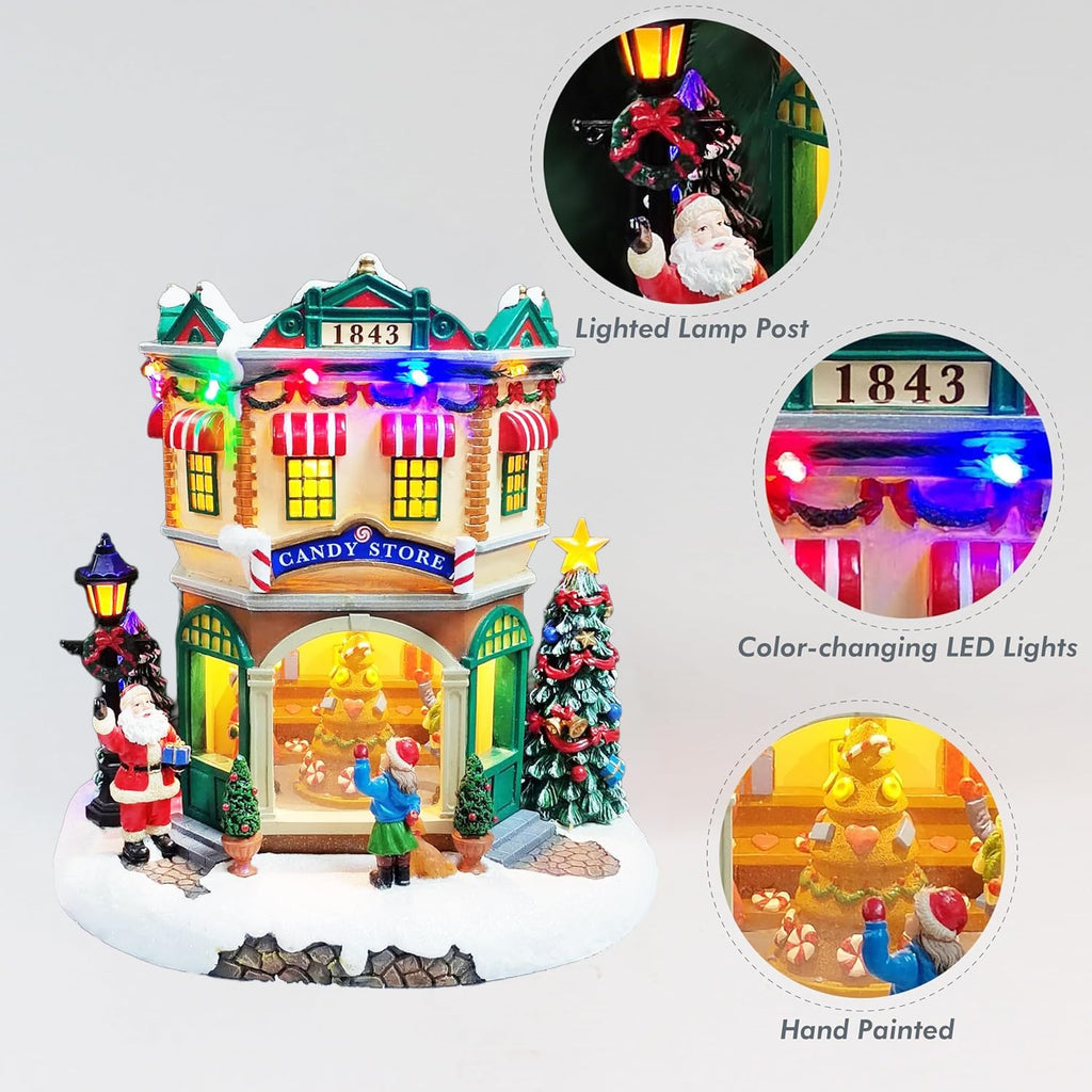 Moments In Time LED Musical Candy Store - 10.3” Light Up Christmas Village Scene | Plays 8 Classic Songs, Battery Operated