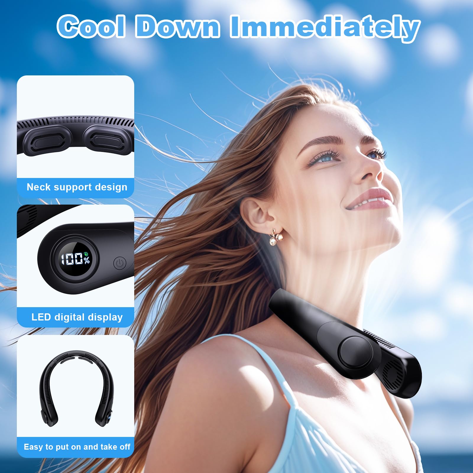 Portable Neck Fan that Blow Cold Air, LED Display, Rechargeable Hands-Free Wearable Cooling Personal Fan, 5 Speed, Neck Support, Bladeless Neck Air Conditioner, Gifts for Women/Men, Hot Flashes