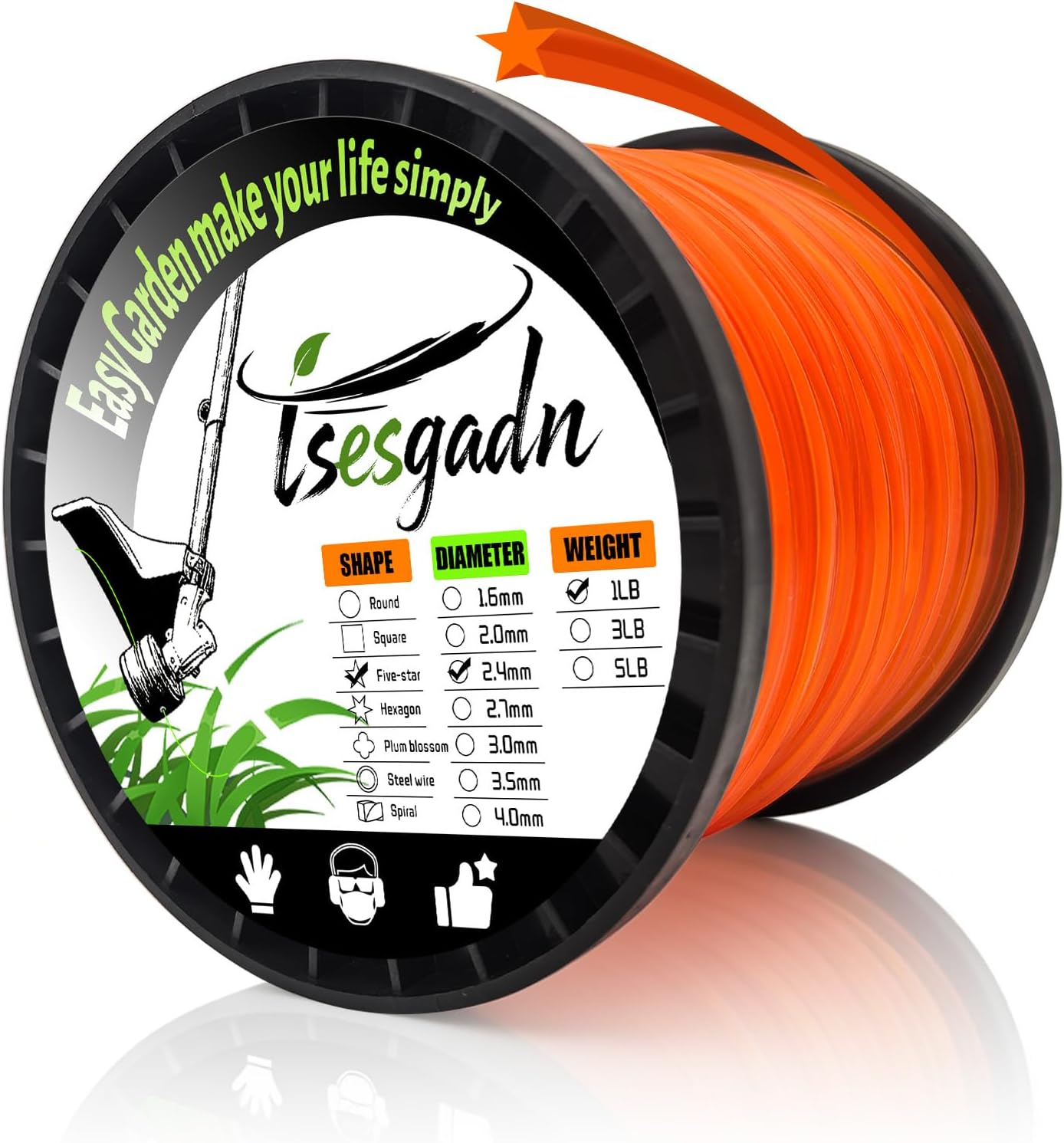 Skiennix .095" Pentagonal String Trimmer Line - 1LB Orange Universal Replacement for Weed Eater
