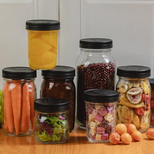 Yodecy 6 Pack 32 oz Amber Wide Mouth Mason Jars with Airtight Lids and Black Plastic Mason Jar Lids, Amber Canning Jars