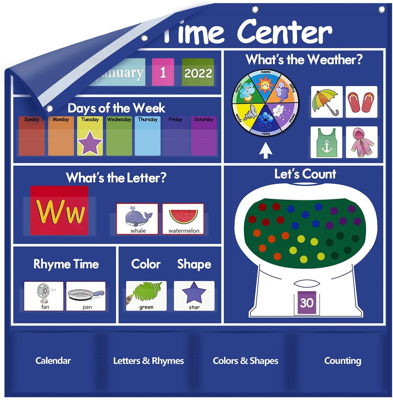 Auchq Circle Time Learning Center - Heavy-Duty Kids Calendar Pocket Chart | Educational Weather & Rhyme Chart (Blue)