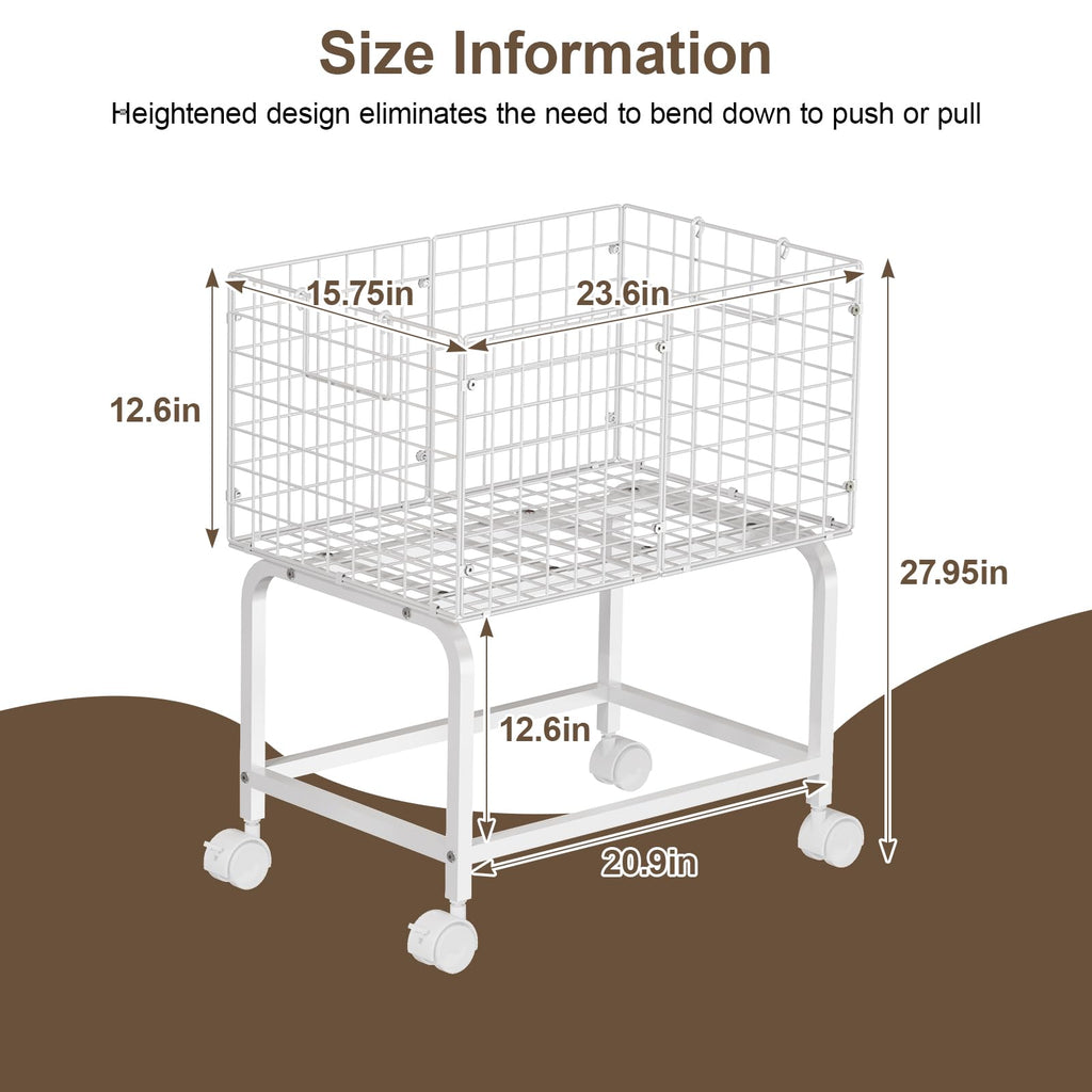 Wire Laundry Hamper Cart,80L Laundry Hamper Trolley with Pull Handle,White High Laundry Basket Cart for Laundry Room,Bathroom,Bedroom-White（23.6 * 15.75 * 28inch）