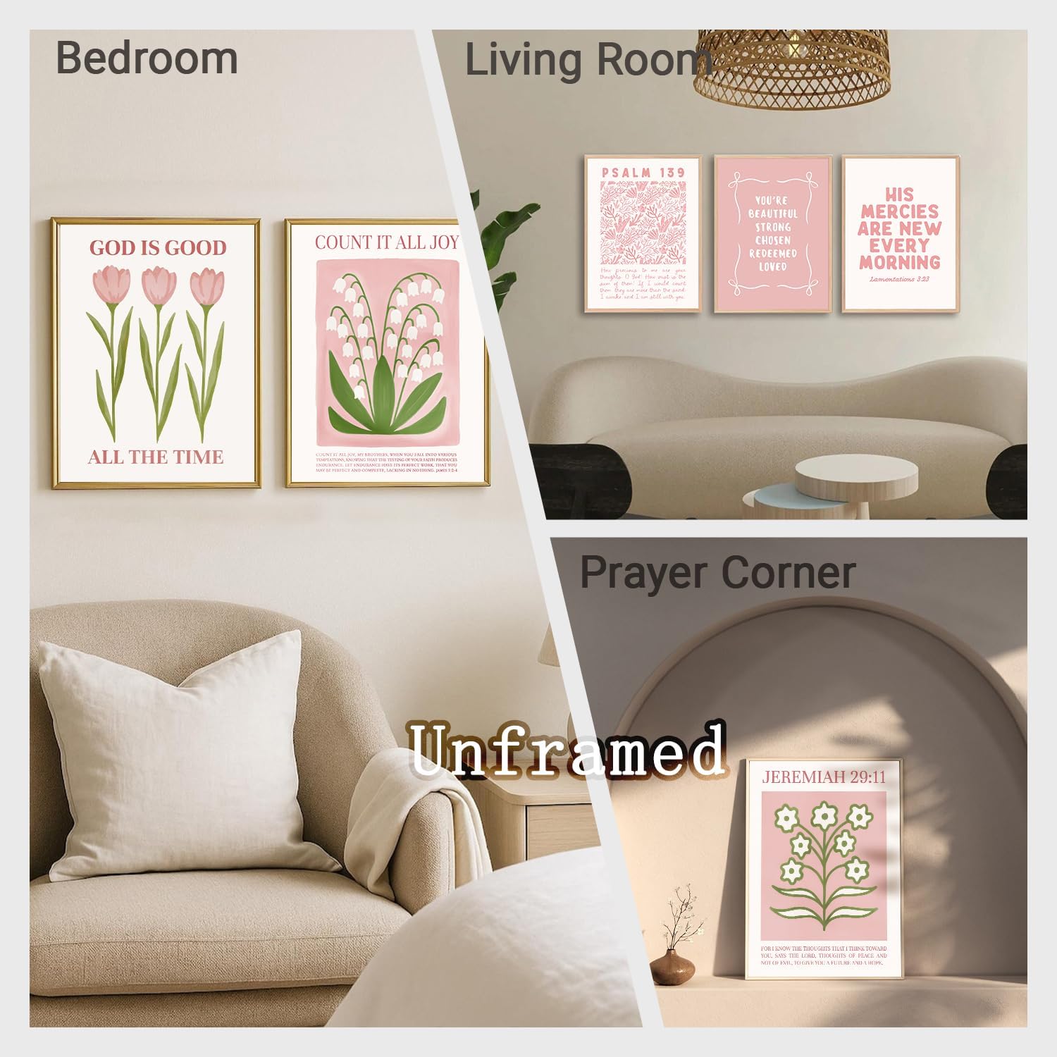 Skiennix 6Pcs Pink Bible Verse Wall Art - Floral Scripture Quotes for Bedroom & Living Room | 8x10 Inch Unframed