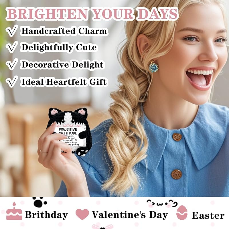 Pawsitive Cattitude Crochet Cat – Positive Energy Emotional Support Figurine Gift