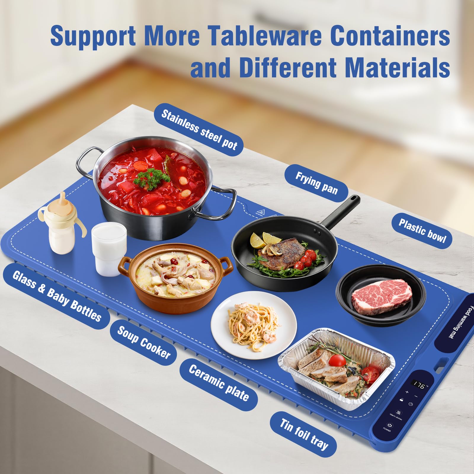 Extra Large Food Warming Pad,One-Touch Fast Electric Heating Tray,15x31.6"Rapid Heating Plate with Hanging and Foldable Storage,Portable Food Warmer for Parties, Buffets,Home Use and Travel (Blue)