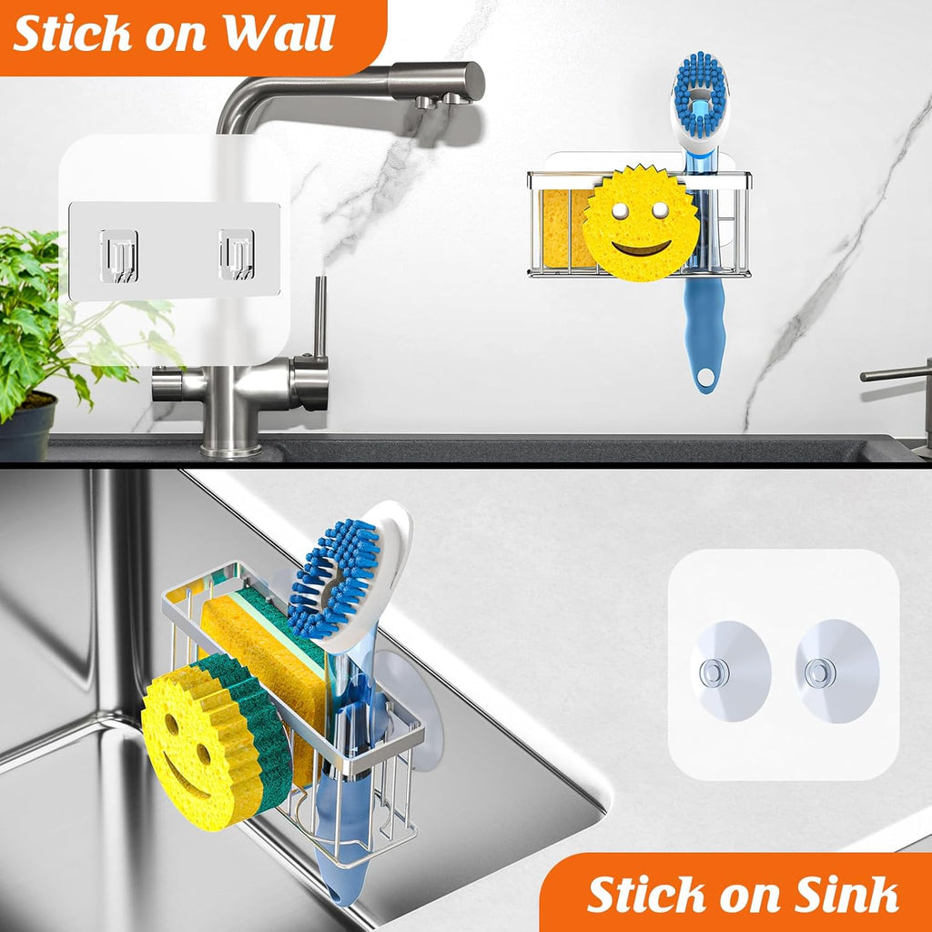 MURLONG Sponge Holder - Smiley Face Sink Caddy with 2 Suction Cups & Adhesive Strips | Silver