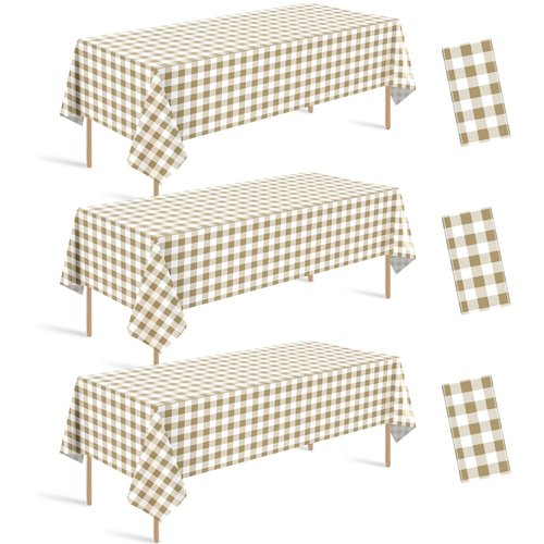 Hallswl 3pcs Khkai Gingham Tablecloth,Brown Beige Checkered Tablecloths Buffalo Plaid Disposable Plastic Table Covers for Birthday Baby Shower Bridal Wedding Birthday Party Decorations,54X108inch