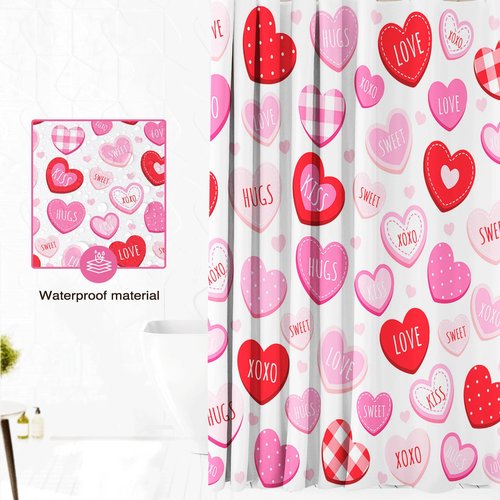 Lindameler Valentines Shower Curtain Cute Love Pink Hearts Shower Curtain for Valentines Day Decorations Waterproof Romantic Sweetheart Bathroom Decor Curtain, 72 X 72 Inch