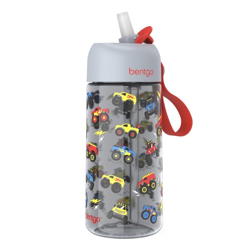 Bentgo Kids Water Bottle - Leak-Proof, Durable Tritan, BPA-Free 15 oz. Cup for Kids/Toddlers Ages 3+, Bite & Sip Spout, Carrying Handle, & Dishwasher Safe for School, Sports, Daycare & Camp (Trucks)