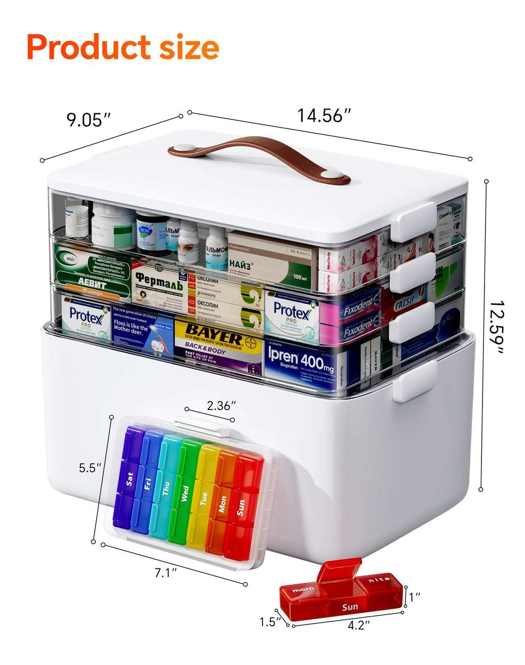 LEGUO Medicine Storage Organizer, 4-Tier Medicine Box with 7-Day Pill Case, Clear Trays and Carry Handle, Empty First Aid Storage Case for Pills and Bottles
