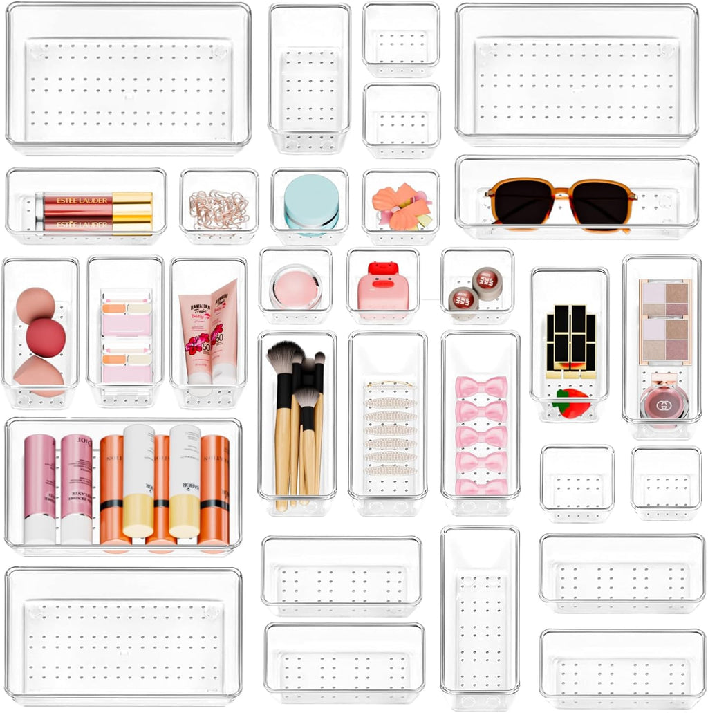 YFXCVSL Drawer Organizer Set - 30 PCS Clear Storage Bins for Makeup, Jewelry & Gadgets | 4 Sizes
