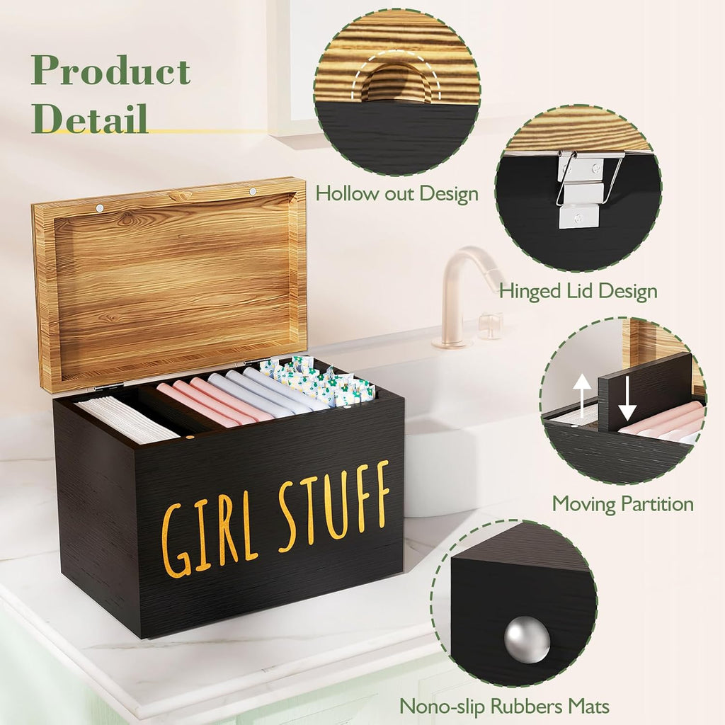 Skiennix Tampon Holder - Stylish Bathroom Organizer with Hinged Lid | Black Feminine Storage Box