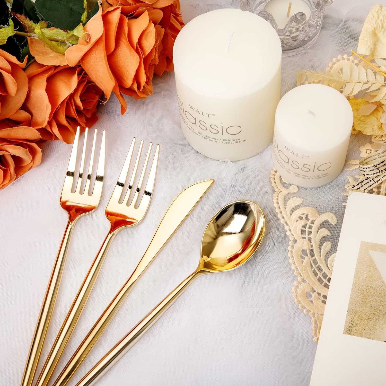 Rubtlamp 180Pcs Gold Plastic Silverware,Luxury Gold Plastic Cutlery,Heavy duty Golden Disposable Flatware, Utensils Set Disposable Include 60Gold Forks,60Gold Spoons,60Plastic Knives for Party,Wedding