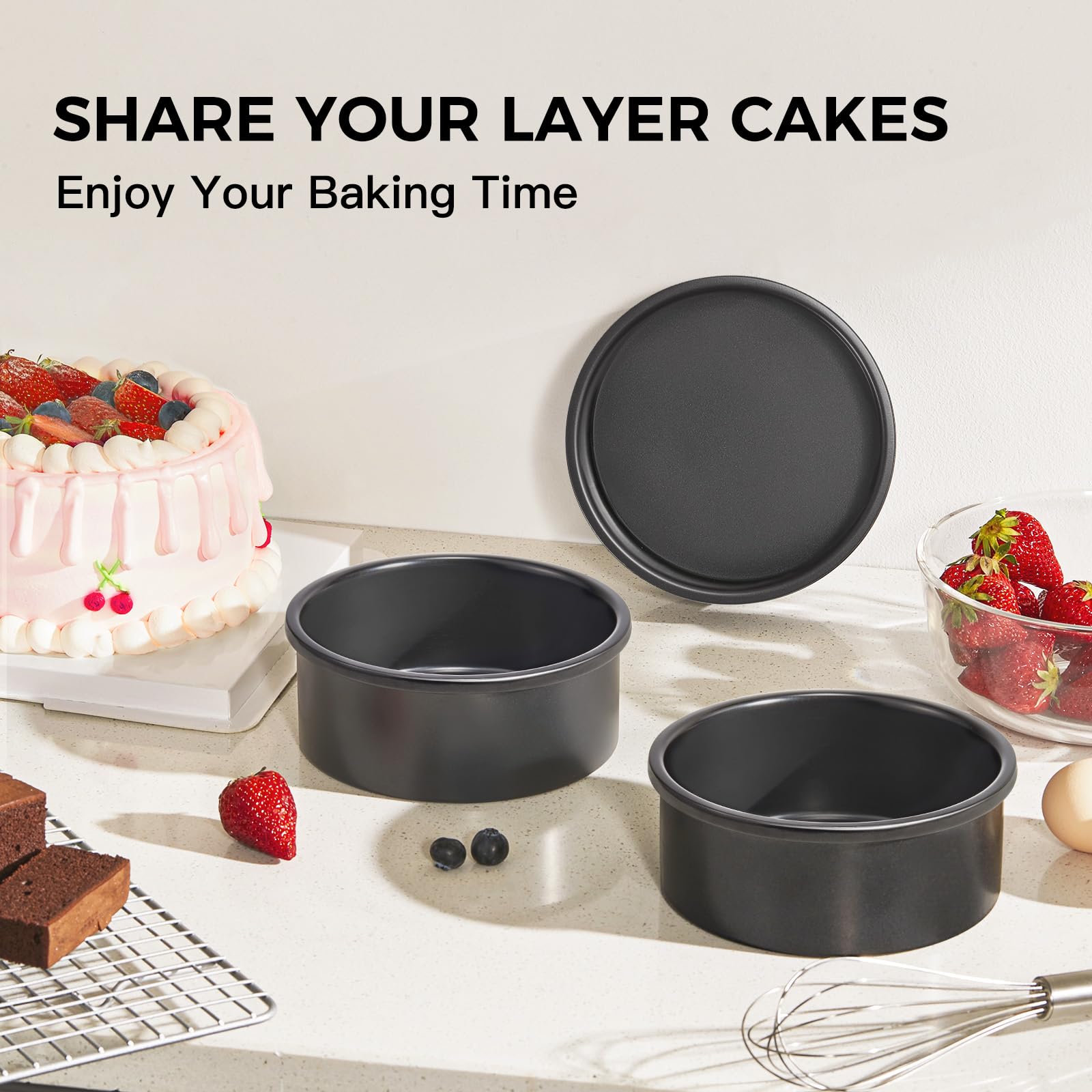 HONGBAKE 6 Inch Round Cake Pan Set for Baking with Healthy Parchment Paper, Nonstick Deeper Circle Cake Pans with Wider Grips, 3 Pieces Premium Layer Cake Tin, Cheesecake Mold, Huty Duty - Grey