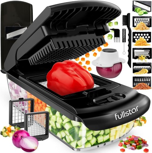 Fullstar Vegetable Chopper & Mandoline Slicer - 8-in-1 Food Prep Tool with Container & Julienne Feature | Black