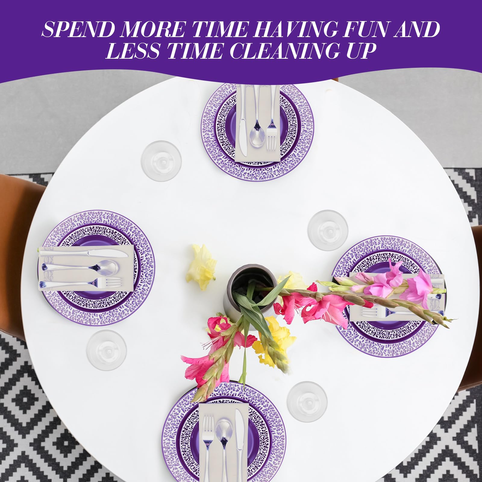 Norme 350 Pcs Purple Silver Plastic Dinnerware Set for 50 Guests Includes 50 Dinner Plates 10.2", 50 Plates 7.5", 150 Silverware Set, 50 Plastic Cups and 50 Napkin Disposable Plate for Wedding