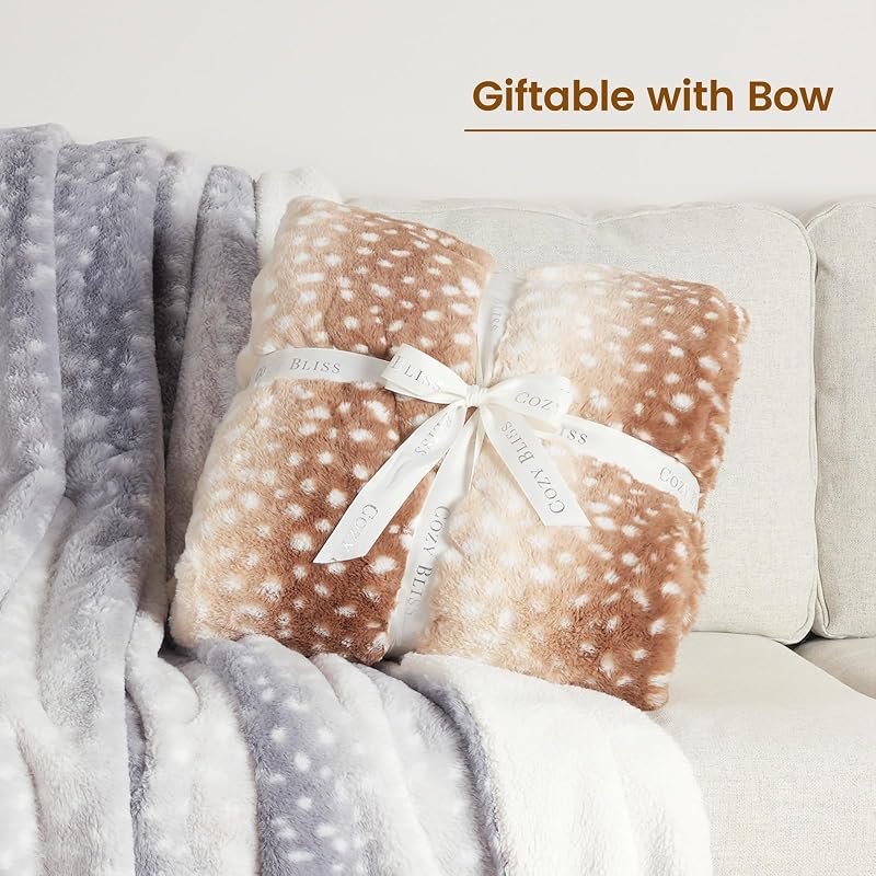 Cozy Bliss Deer Print Faux Fur Throw Blanket 50" x 60" – Brown Deer, 400GSM + 200GSM Sherpa