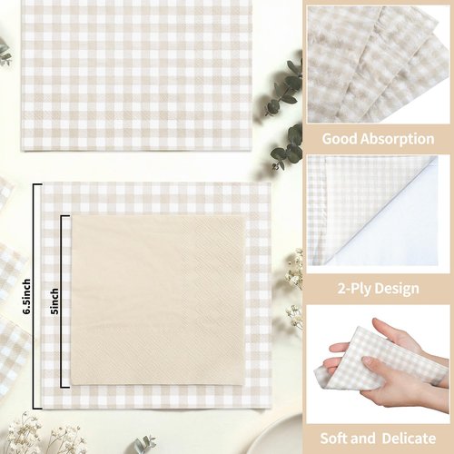 NatNarr 80 Pcs Gingham Napkins, 6.5X6.5 Inch Light Brown Napkins Disposable Beige and White Plaid Napkin for Bridal Baby Shower, Wedding, Picnic