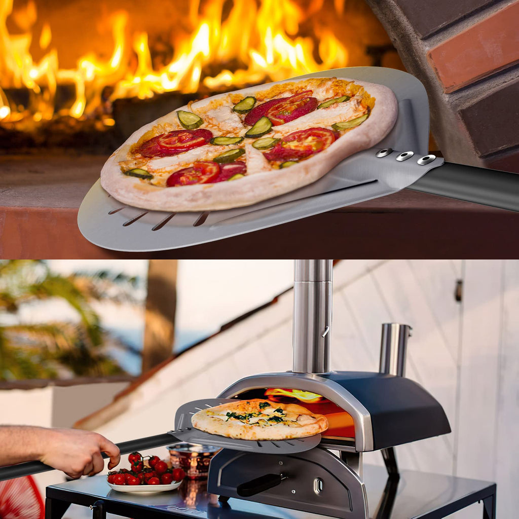 NUTUNI 12 Inch + 9 Inch Pizza Peel Set, Perforated Pizza Turning Peel, 12" x 14" Professional Aluminum Pizza Paddle for Homemade Pizza, Pizza Oven Accessories