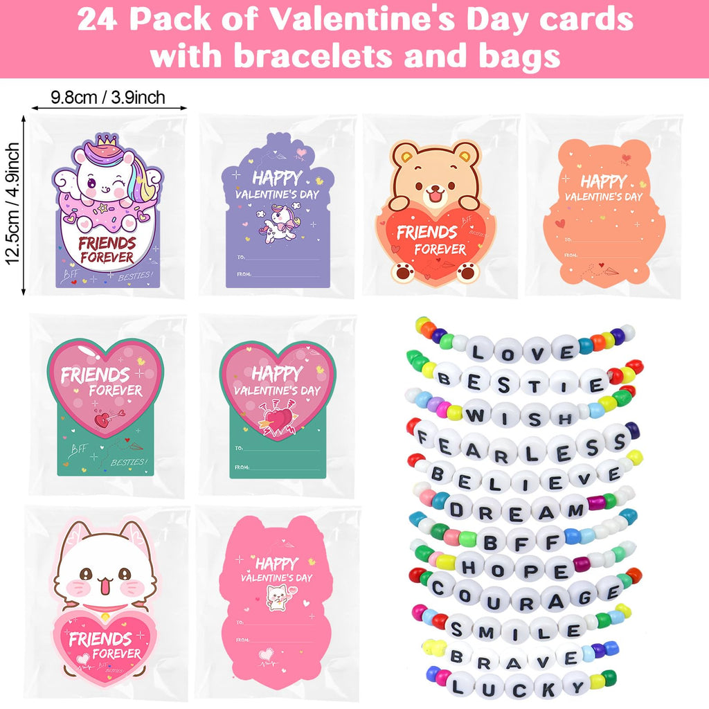 Valentines Day Cards for Kids, 24 Pack Valentines Gift Classroom Cards with Galentines Friendship Bead Bracelets, Valentines Gift Exchange for Boys Girls, Valentines Party Favors Supplies for Kids