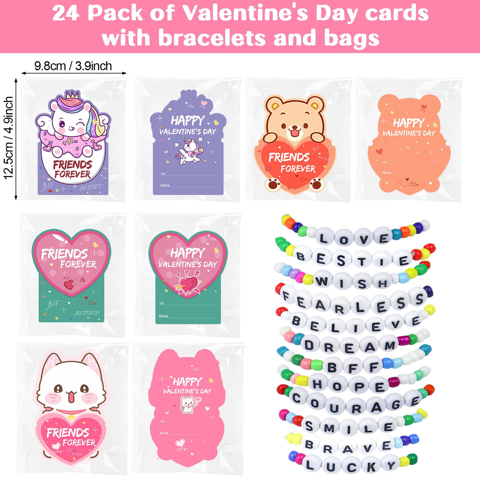 Valentines Day Cards for Kids, 24 Pack Valentines Gift Classroom Cards with Galentines Friendship Bead Bracelets, Valentines Gift Exchange for Boys Girls, Valentines Party Favors Supplies for Kids